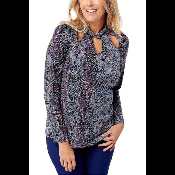 Susan Graver Liquid Knit Mock Neck Top Keyhole Cutout Grey/Magenta - Regular - Picture 1 of 2
